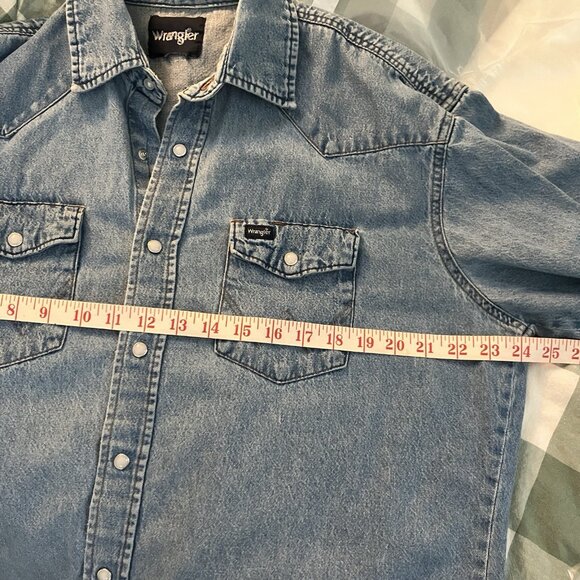 Y2K Wrangler Shirt Mens Blue Cotton Denim Western Pearl Snap Cowboy Vintage - Picture 5 of 8